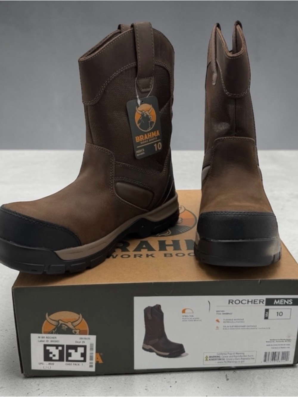 Brahma Men's Rocher Slip On Steel Toe Rugged Leather Work Boots Size 10 NWT